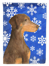 Load image into Gallery viewer, Doberman Winter Snowflakes Holiday Flag Canvas House Size