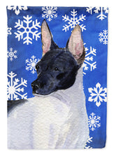 Load image into Gallery viewer, Rat Terrier Winter Snowflakes Holiday Garden Flag – Decorative Outdoor Yard Flag