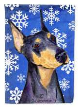 Load image into Gallery viewer, Doberman Winter Snowflakes Holiday Flag Canvas House Size
