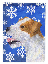 Load image into Gallery viewer, Jack Russell Terrier Winter Snowflakes Holiday Garden Flag – Decorative Outdoor Yard Flag
