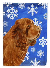 Load image into Gallery viewer, Sussex Spaniel Winter Snowflakes Holiday Flag Canvas House Size