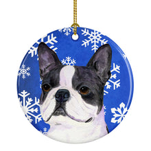Load image into Gallery viewer, Boston Terrier Winter Snowflakes Holiday Christmas Ornament - Round Ceramic Ornament – Artist-Designed Keepsake Decoration SS4654