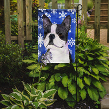 Load image into Gallery viewer, Boston Terrier Winter Snowflakes Holiday Garden Flag – Decorative Outdoor Yard Flag