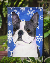 Load image into Gallery viewer, Boston Terrier Winter Snowflakes Holiday Garden Flag – Decorative Outdoor Yard Flag