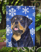 Load image into Gallery viewer, Rottweiler Winter Snowflakes Holiday Garden Flag – Decorative Outdoor Yard Flag