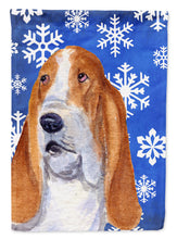 Load image into Gallery viewer, Basset Hound Winter Snowflakes Holiday Flag Canvas House Size