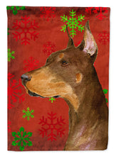 Load image into Gallery viewer, Doberman Red and Green Snowflakes Holiday Christmas Garden Flag – Decorative Outdoor Yard Flag
