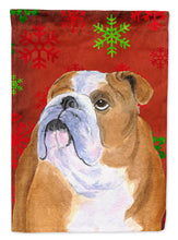 Load image into Gallery viewer, Bulldog English Red and Green Snowflakes Holiday Christmas Garden Flag – Decorative Outdoor Yard Flag