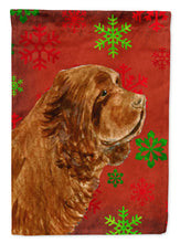 Load image into Gallery viewer, Sussex Spaniel Red Green Snowflakes Holiday Christmas Flag Canvas House Size