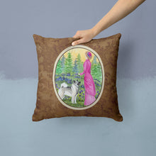 Load image into Gallery viewer, Lady with her Norwegian Elkhound Throw Pillow - 14x14 Decorative Pillow – Art for Your Home &amp; Patio