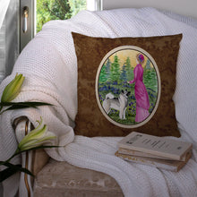 Load image into Gallery viewer, Lady with her Norwegian Elkhound Throw Pillow - 14x14 Decorative Pillow – Art for Your Home &amp; Patio