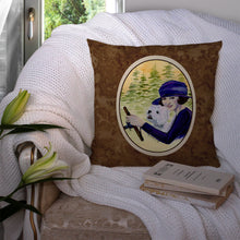 Load image into Gallery viewer, Woman driving with her Westie Throw Pillow - 14x14 Decorative Pillow – Art for Your Home &amp; Patio