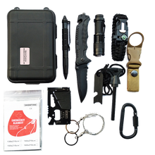 Load image into Gallery viewer, RCBB America's Front Line Survival Tool Kits 12-in-1 Emergency Tools, Rock Climbing Gear, Emergency Blankets, Survival Bracelet, Tactical Pen, Tactical Flashlight, Gift Sets for Men &amp; Women