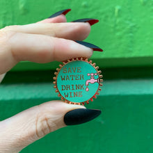 Load image into Gallery viewer, Save Water Drink Wine Pink and Green Enamel Pin on Gift Card