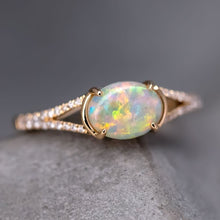 Load image into Gallery viewer, Solid Opal Split Shank Engagement Ring with Pave Setting 18K Yellow Gold