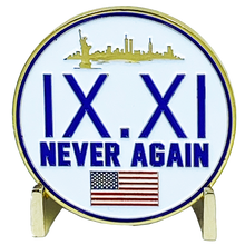 Load image into Gallery viewer, EL5-008 September 11th 9/11 Never Again Challenge Coin American Flag 911 New York City Skyline NYC USA