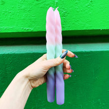 Load image into Gallery viewer, Set of 2 Pastel Taper Candle in Pink Mint Purple | Aesthetic Spiral Ombre Unscented Dinner Candlesticks | Gift for Her