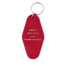 Load image into Gallery viewer, Shiraz Applause and Perimenopause Motel Keychain in Hot Flash Red | Generation X Elder Millennial Humor