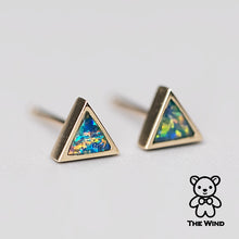 Load image into Gallery viewer, Geometric Triangle Shaped Australian Doublet Opal Stud Earrings 14K Yellow Gold