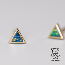 Load image into Gallery viewer, Geometric Triangle Shaped Australian Doublet Opal Stud Earrings 14K Yellow Gold