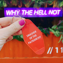 Load image into Gallery viewer, Smasher of the Patriarchy Feminist Motel Keychain in Red