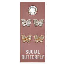 Load image into Gallery viewer, Social Butterfly Silver and Gold Rhinestone Stud Earrings Set | 2 Pairs on a Gift Tag