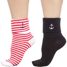 Load image into Gallery viewer, Sourpuss Anchor Socks Set of Two | Nautical Red Striped &amp; Black Ankle Socks Women’s Size 5-10