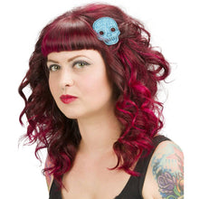 Load image into Gallery viewer, Sourpuss Aqua Blue Glitter Skull Hair Clips in Set of 2 | Gothic Hair Snap Clips