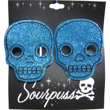 Load image into Gallery viewer, Sourpuss Aqua Blue Glitter Skull Hair Clips in Set of 2 | Gothic Hair Snap Clips