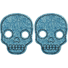 Load image into Gallery viewer, Sourpuss Aqua Blue Glitter Skull Hair Clips in Set of 2 | Gothic Hair Snap Clips