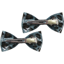 Load image into Gallery viewer, Sourpuss Blue Leopard Glitter Hair Bows Set of 2 | Rockabilly Hair Accessories Leopard Print Hair Clips