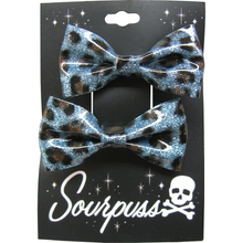 Load image into Gallery viewer, Sourpuss Blue Leopard Glitter Hair Bows Set of 2 | Rockabilly Hair Accessories Leopard Print Hair Clips