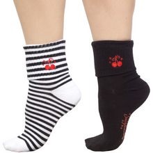 Load image into Gallery viewer, Sourpuss Cherries Socks in Set of Two | Women’s Black &amp; White Striped and Solid Black Cherry Socks Size 5-10