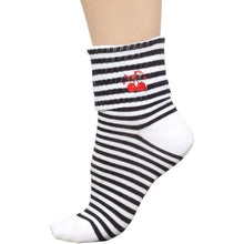 Load image into Gallery viewer, Sourpuss Cherries Socks in Set of Two | Women’s Black &amp; White Striped and Solid Black Cherry Socks Size 5-10