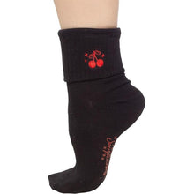 Load image into Gallery viewer, Sourpuss Cherries Socks in Set of Two | Women’s Black &amp; White Striped and Solid Black Cherry Socks Size 5-10