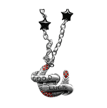 Load image into Gallery viewer, Sourpuss "Good Luck” Horseshoe Necklace with Red Rhinestones &amp; Black Star Charms