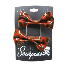 Load image into Gallery viewer, Sourpuss Red Leopard Glitter Hair Bows Set of 2 | Retro Rockabilly Pin-Up Hair Clips