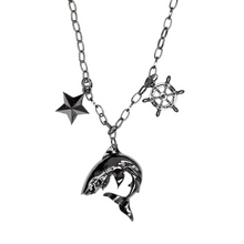 Load image into Gallery viewer, Sourpuss Shark Charm Necklace | Nautical Star &amp; Captain’s Wheel Tattoo-Inspired Jewelry
