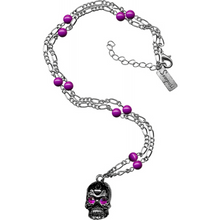 Load image into Gallery viewer, Sourpuss Silver Skull Pendant Necklace | Sugar Skull with Rhinestone Eyes – Clear &amp; Purple Options