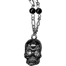 Load image into Gallery viewer, Sourpuss Silver Skull Pendant Necklace | Sugar Skull with Rhinestone Eyes – Clear &amp; Purple Options