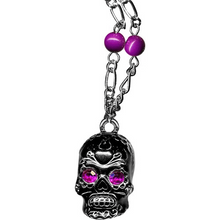 Load image into Gallery viewer, Sourpuss Silver Skull Pendant Necklace | Sugar Skull with Rhinestone Eyes – Clear &amp; Purple Options