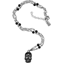 Load image into Gallery viewer, Sourpuss Silver Skull Pendant Necklace | Sugar Skull with Rhinestone Eyes – Clear &amp; Purple Options