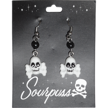 Load image into Gallery viewer, Sourpuss Skull &amp; Crossbones Earrings | Gothic Drop Earrings Punk Rock Jewelry