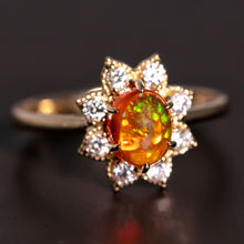 Load image into Gallery viewer, Starry Night Mexican Fire Opal Diamond Engagement Ring 18K Yellow Gold