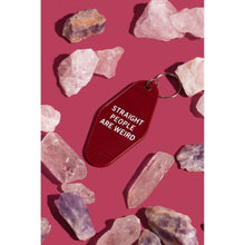 Load image into Gallery viewer, Straight People Are Weird Motel Style Keychain in Dark Red | LGBTQIA Pride Item
