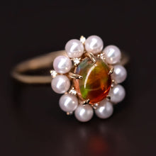 Load image into Gallery viewer, Stunning Engagement Ring Fire Opal Pearl &amp; Diamonds 18K Yellow Gold