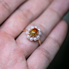 Load image into Gallery viewer, Stunning Engagement Ring Fire Opal Pearl &amp; Diamonds 18K Yellow Gold