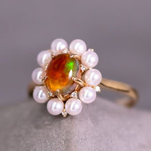 Load image into Gallery viewer, Stunning Engagement Ring Fire Opal Pearl &amp; Diamonds 18K Yellow Gold
