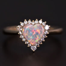 Load image into Gallery viewer, Rare Stunning Heart Shaped Opal Halo Diamond Engagement Ring 18k Yellow Gold