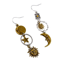 Load image into Gallery viewer, Sun and Moon Celestial Charm Earrings | Dangle Earrings 2.75" Long Boho Jewelry